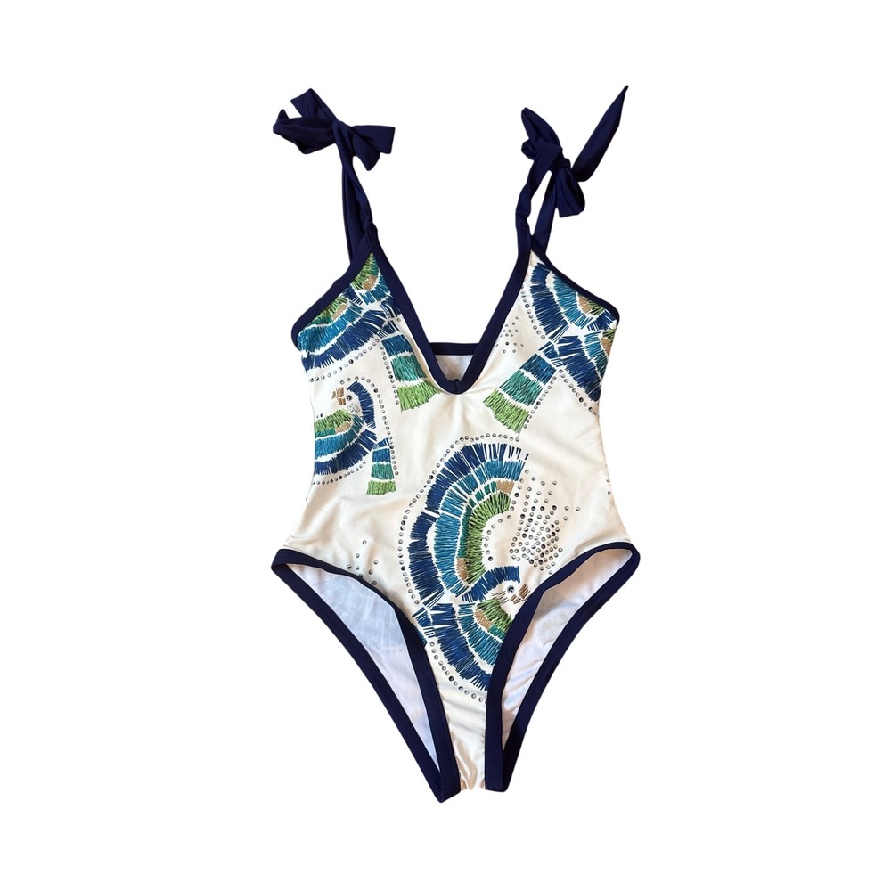 Shein‎ One Piece Swimsuit Women White Blue Peacock Feather Rhinestone SIZE Small